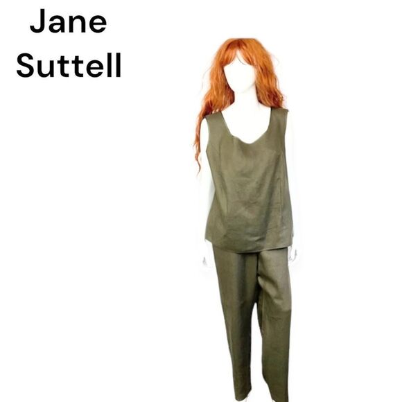 Jane Suttell Womens Linen Relaxed Fit Zip Tank Top & Wide Leg Pants Green M